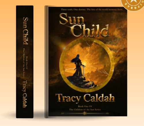 Book Cover and Spine. Sun Child by Tracy Caldah. Central image is of a woman's silhouette who is on a high mount holding a sword hilt, tip to the ground and a glowing orb as the pommel.